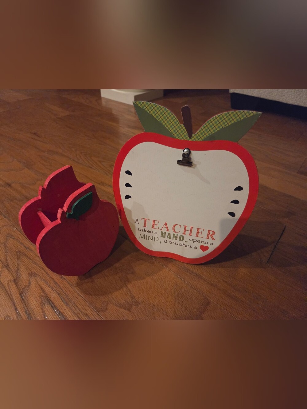 Apple-Shaped Teacher Picture Frame & Wood Apple Pen Holder